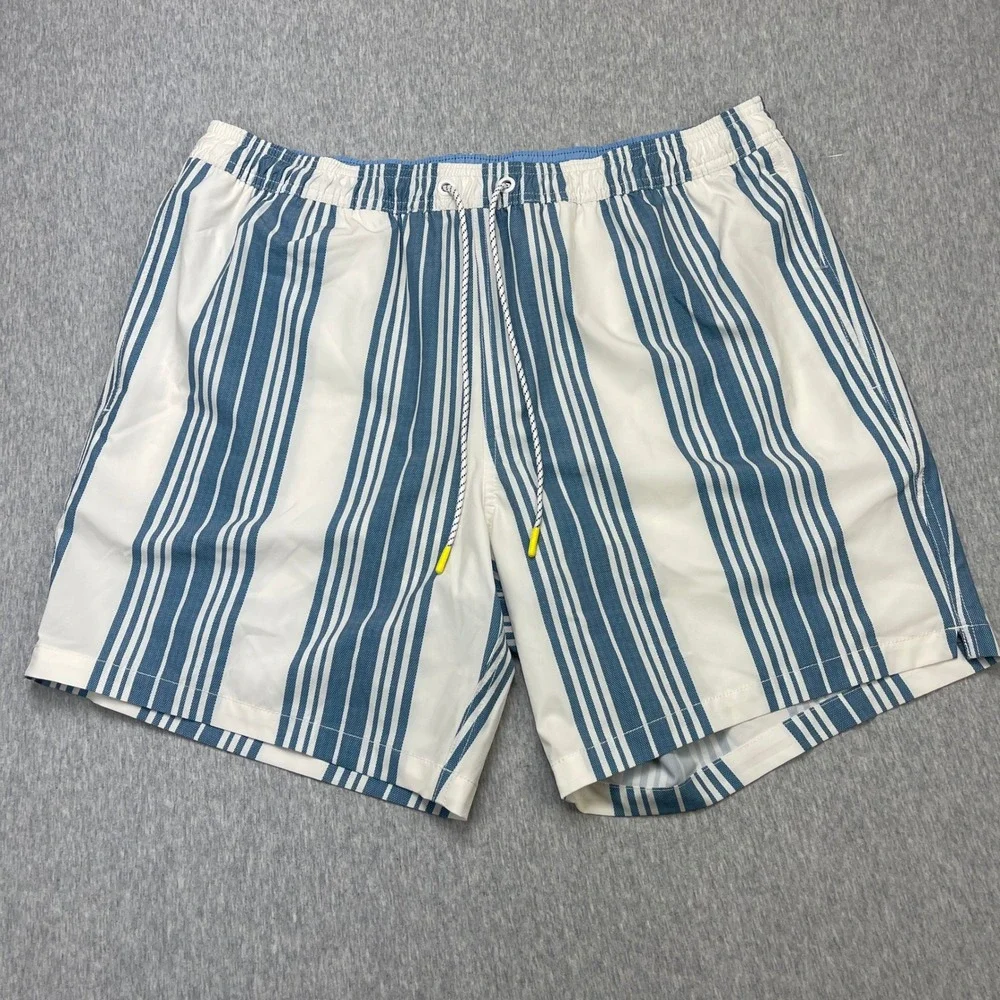 New Bonobos Mens L Blue White Striped Swim Trunks 7 Inch Inseam Recycled Stretch
